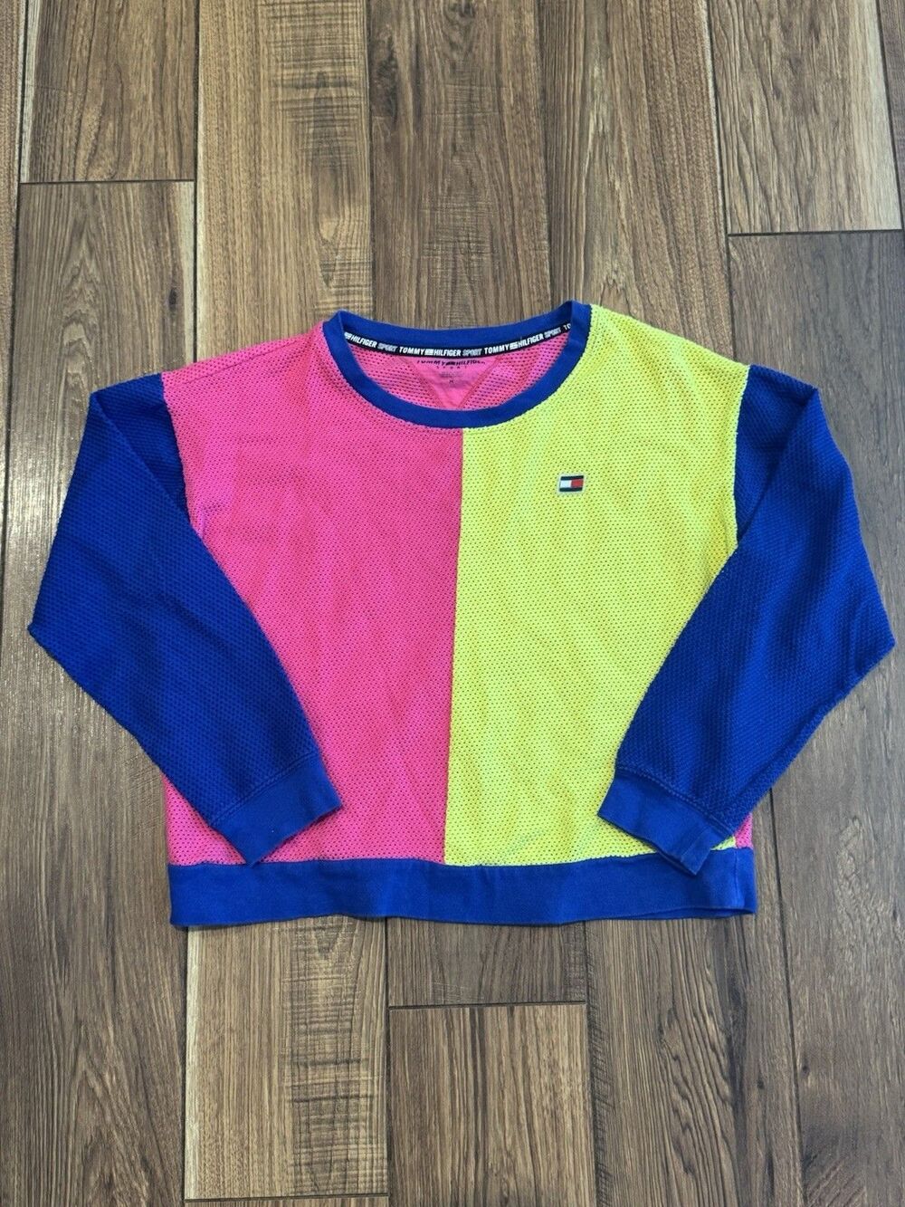 Tommy Hilfiger Sport Top Womens M Blue Pink Yellow Mesh Long Sleeve Casual Shirt